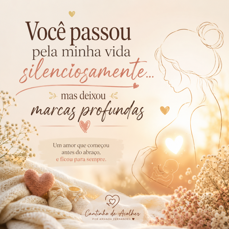 Arte delicada sobre saudade silenciosa e amor de mãe, com frase de homenagem para alguém que passou brevemente pela vida, mas deixou marcas profundas.