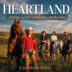 Série Heartland, minha série conforto preferida, com personagens e cavalos no rancho em uma paisagem acolhedora.