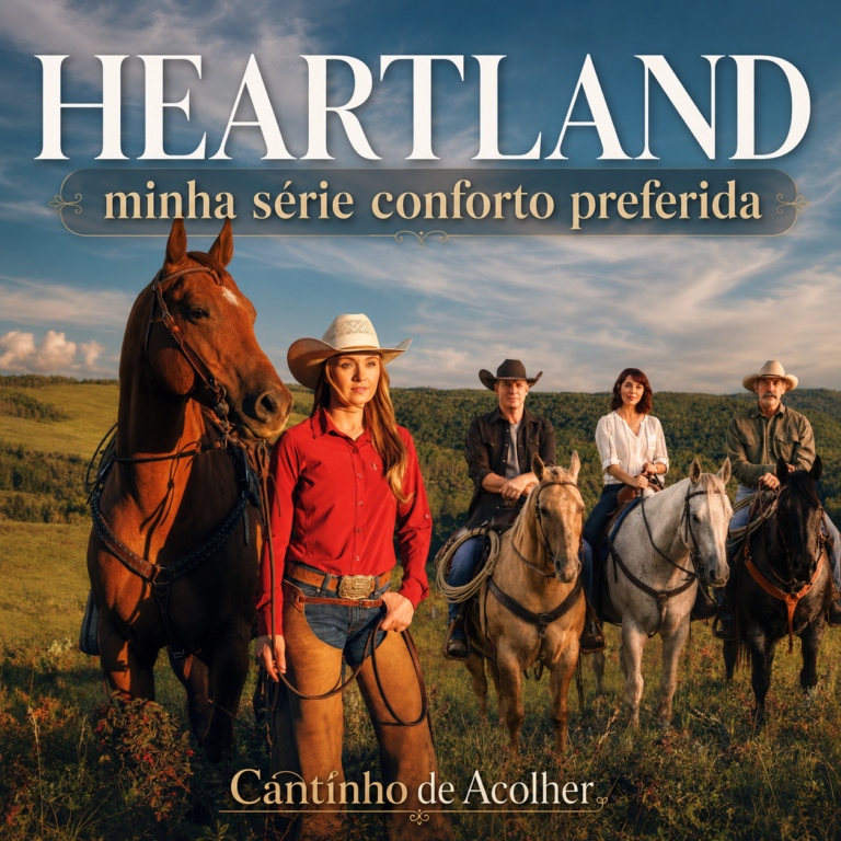 Série Heartland, minha série conforto preferida, com personagens e cavalos no rancho em uma paisagem acolhedora.
