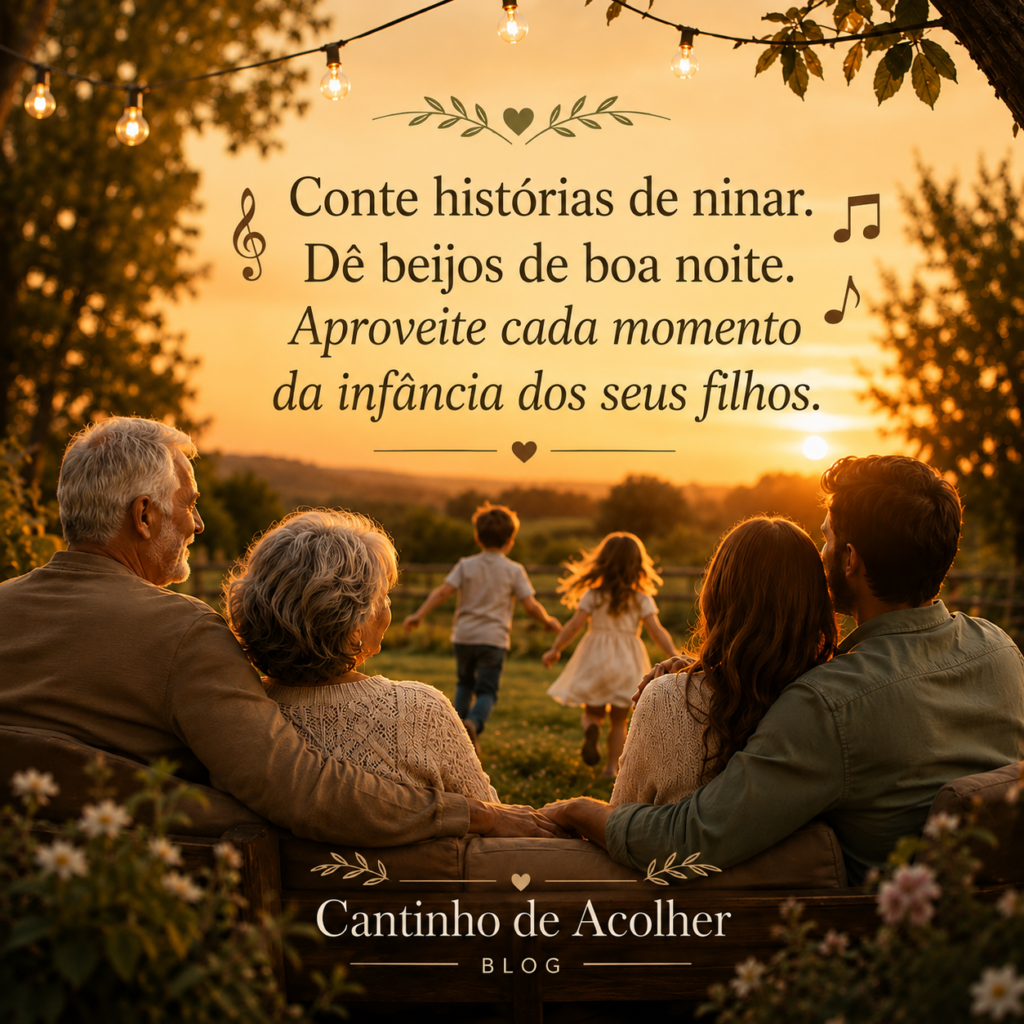 Família reunida ao pôr do sol, com pais, filhos adultos e netos, em uma cena sobre infância dos filhos, saudade e a mensagem da música These Are The Days.