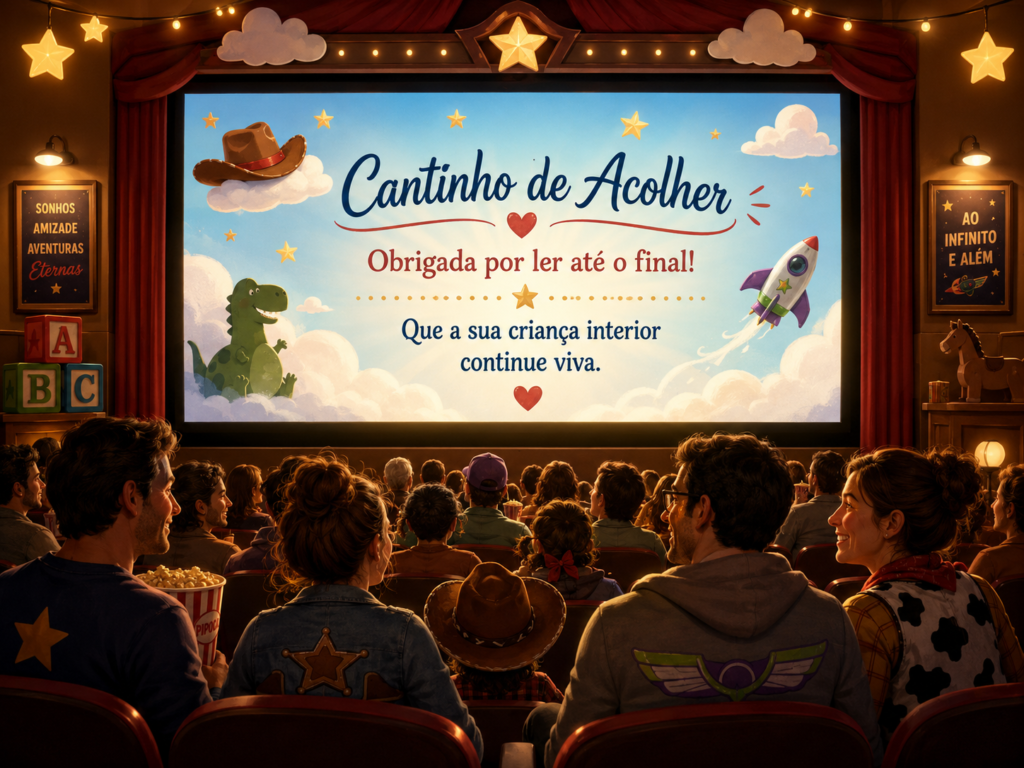 Arte do artigo Toy Story 5, com sessão de cinema, adultos nostálgicos e mensagem sobre criança interior.