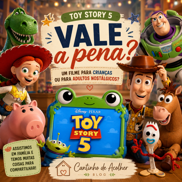 Arte de capa do artigo Toy Story 5 vale a pena, com personagens do filme e chamada sobre crianças e adultos nostálgicos.