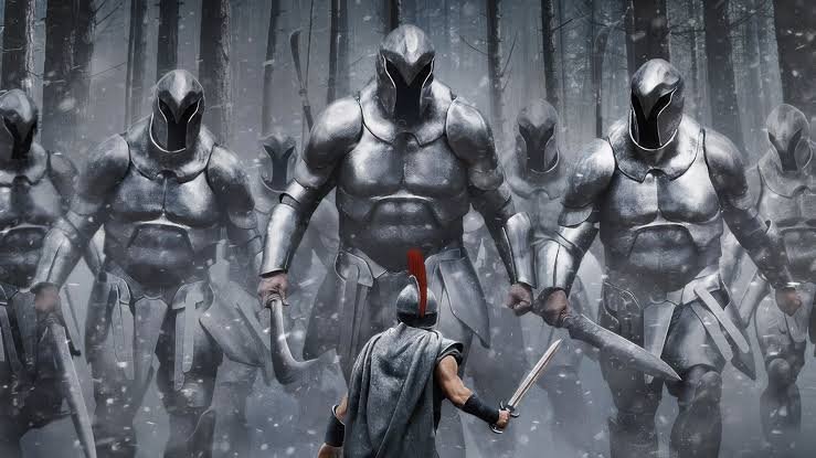 Odisseu diante dos gigantes Lestrigões em arte inspirada no filme A Odisseia, de Christopher Nolan