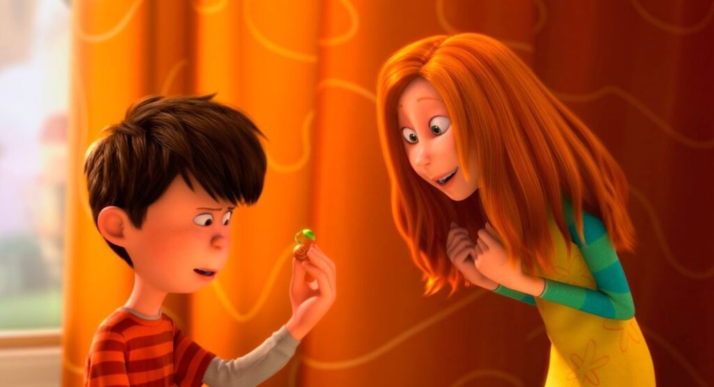 Cena do filme Lorax com Ted mostrando a semente para Audrey, símbolo de esperança, natureza e preservação do meio ambiente.