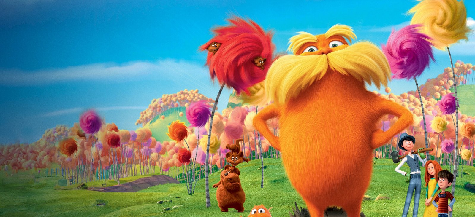 Cena do filme Lorax em meio às árvores Trúfulas, destacando a mensagem sobre natureza, meio ambiente e preservação.
