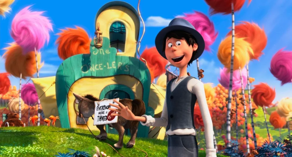 Cena do filme Lorax com personagens em meio às árvores Trúfulas, reforçando a mensagem sobre natureza, meio ambiente e preservação.