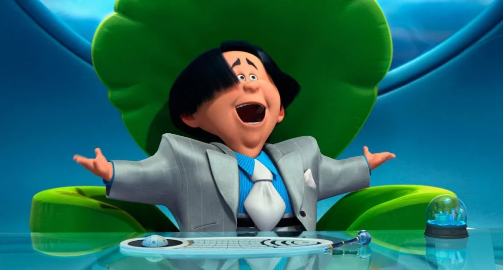 Cena do filme Lorax com o Sr. O’Hare, personagem que representa o consumo exagerado e a cidade artificial sem natureza.