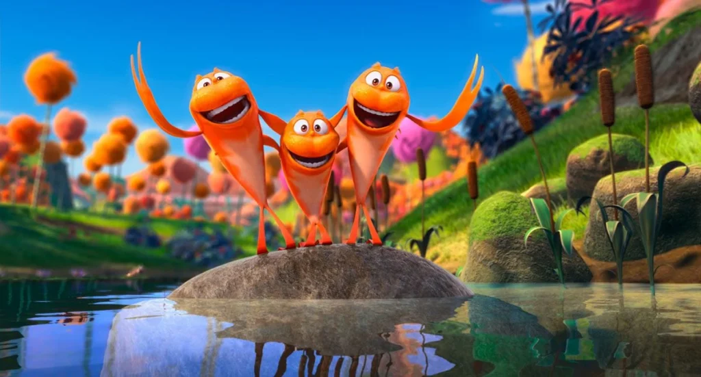 Cena do filme Lorax com animais na natureza, reforçando a mensagem sobre preservação ambiental e cuidado com o planeta.