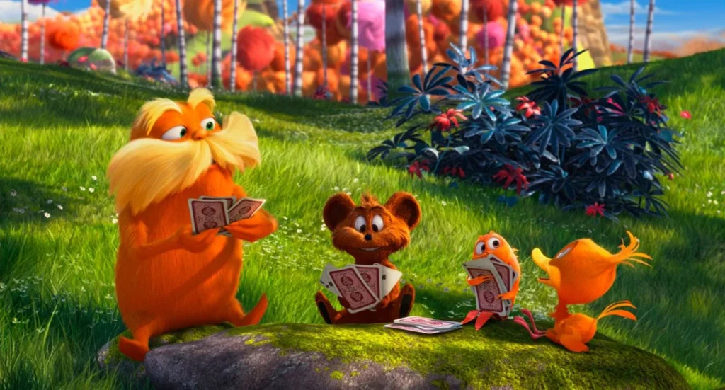 Cena do filme Lorax com o Lorax e animais na floresta, destacando a importância da natureza e da preservação do meio ambiente.