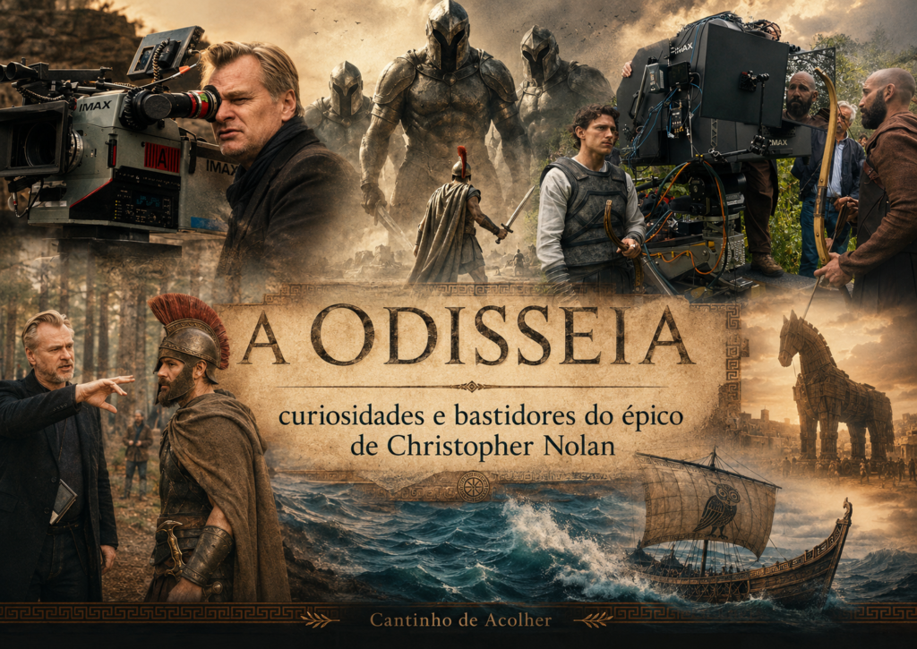 Montagem com câmeras IMAX, Christopher Nolan, guerreiros, gigantes, Cavalo de Troia e navio nos bastidores de A Odisseia