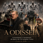Montagem dos bastidores de A Odisseia com câmeras IMAX, gigantes, atores caracterizados e o diretor durante as filmagens