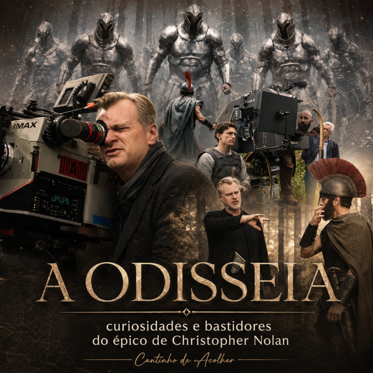 Montagem dos bastidores de A Odisseia com câmeras IMAX, gigantes, atores caracterizados e o diretor durante as filmagens