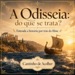 Capa do artigo A Odisseia: do que se trata?, com navio grego no mar ao pôr do sol e ruínas da Grécia ao fundo.