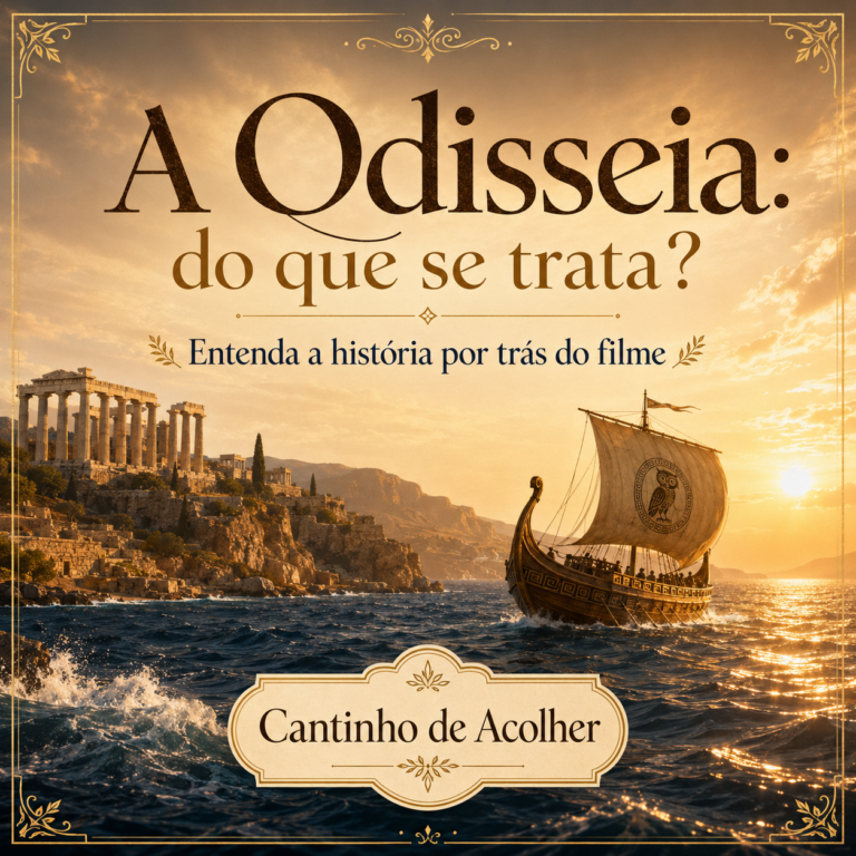 Capa do artigo A Odisseia: do que se trata?, com navio grego no mar ao pôr do sol e ruínas da Grécia ao fundo.