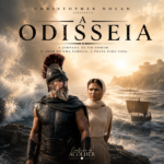 Capa do artigo sobre A Odisseia, filme de Christopher Nolan, com Odisseu vestido de guerreiro, Atena, mar revolto e navio ao fundo