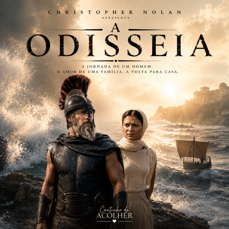 Capa do artigo sobre A Odisseia, filme de Christopher Nolan, com Odisseu vestido de guerreiro, Atena, mar revolto e navio ao fundo