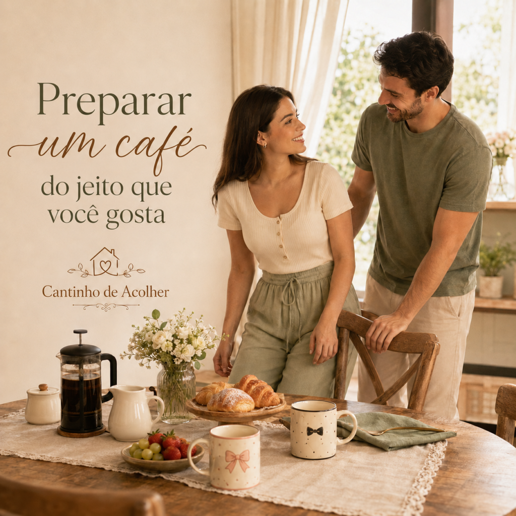 Casal preparando um momento especial de café, mostrando como o amor mora nos detalhes e nas pequenas atitudes do casamento.