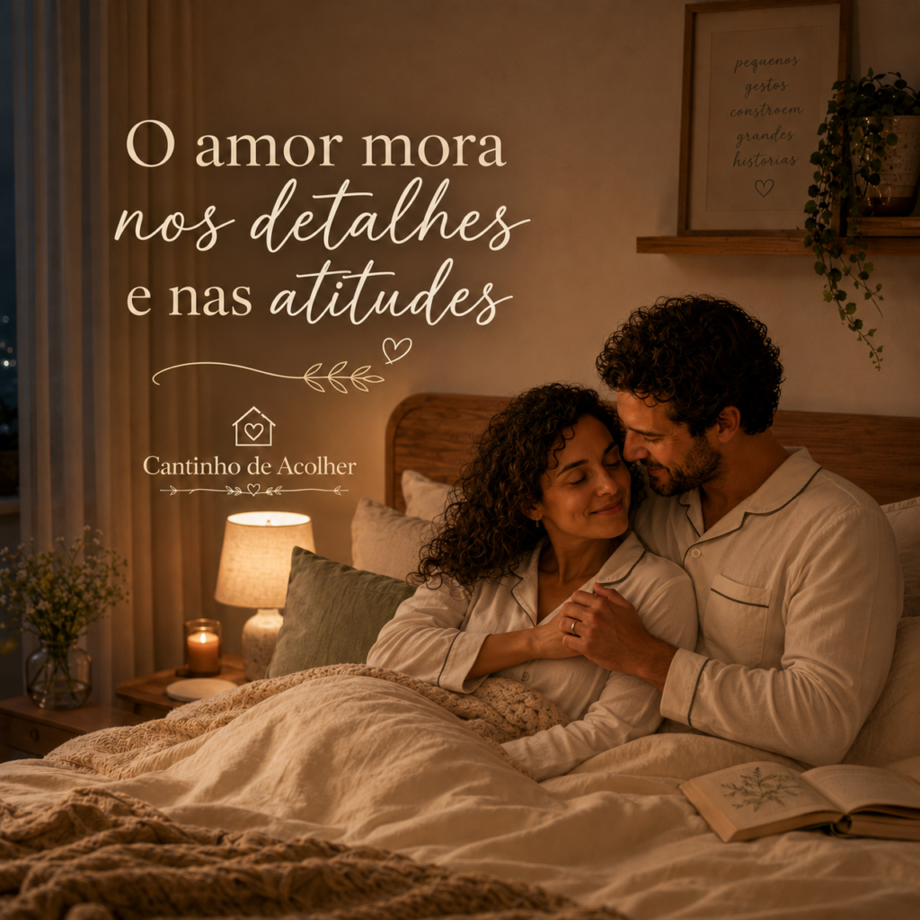 Casal em um momento de carinho antes de dormir, representando como o amor mora nos detalhes e nas atitudes do casamento.