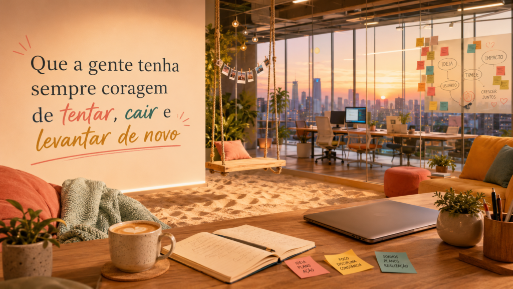 Escritório moderno com tecnologia, balanço sobre a areia e frase sobre tentar e recomeçar, inspirado no dorama Apostando Alto.