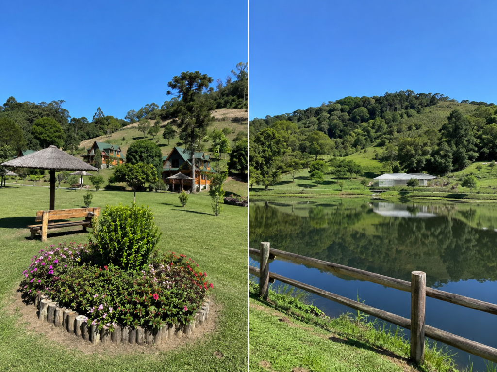 Área de lazer da Cantina Tia Lina em São Roque, com jardim, gramado e lago em meio à natureza.