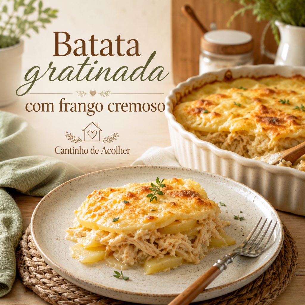 Batata gratinada com frango cremoso servida no prato, com queijo gratinado e travessa ao fundo