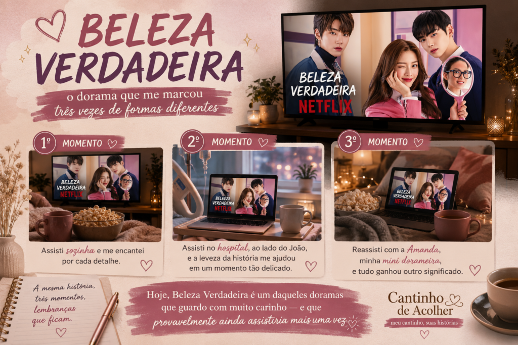 Arte do artigo sobre Beleza Verdadeira, representando as três vezes em que assisti ao dorama: sozinha, no hospital com o João e com a Amanda.