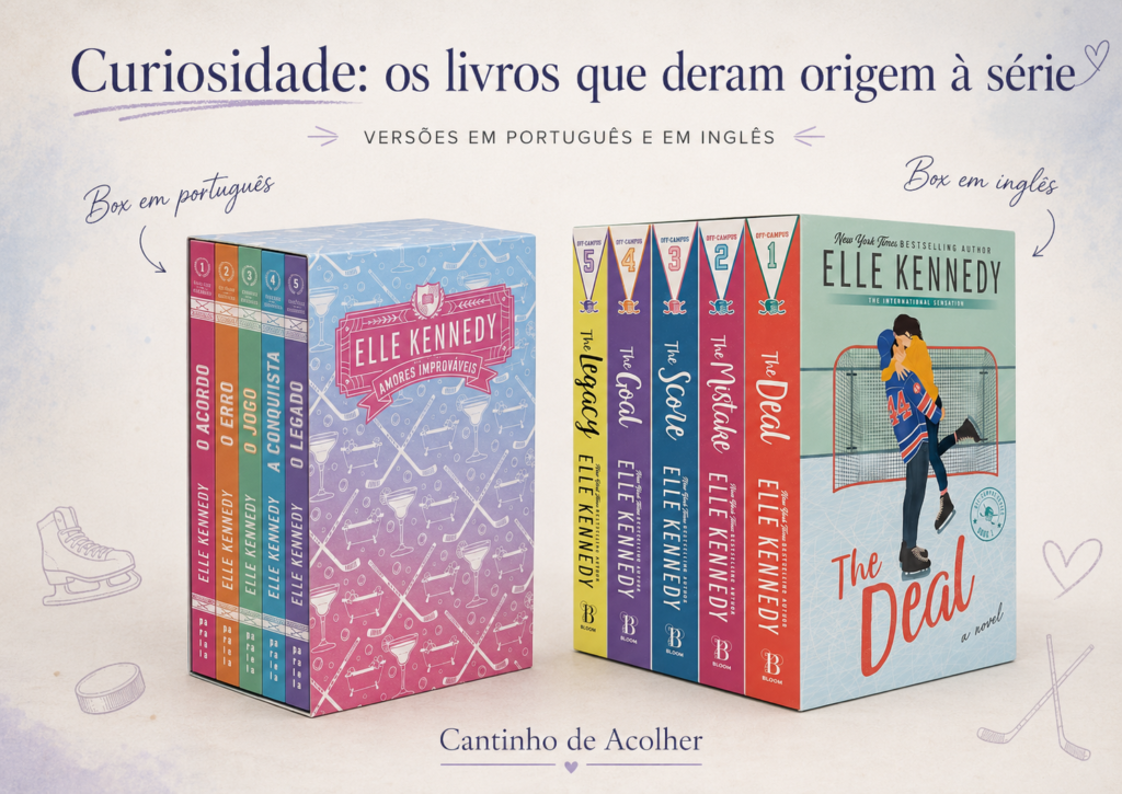 Box dos livros Off Campus, de Elle Kennedy, em versões português e inglês, que deram origem à série Off Campus: Amores Improváveis.