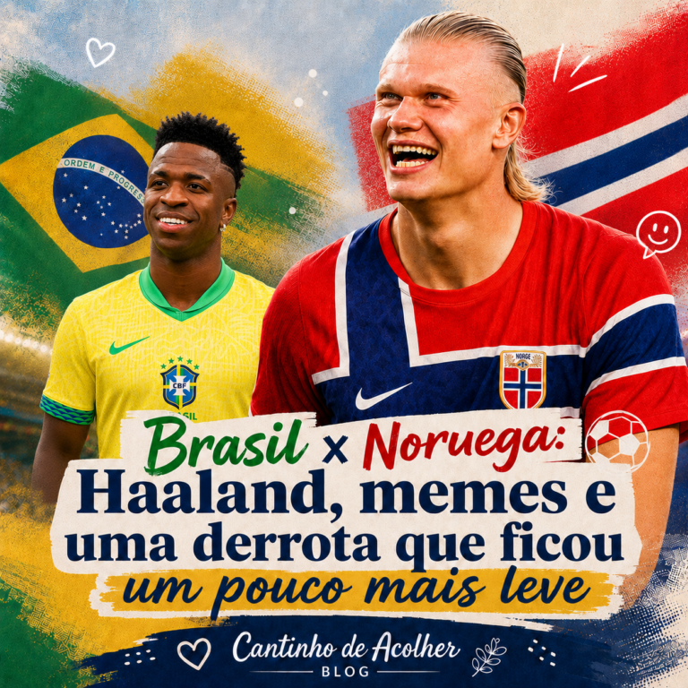 Arte do artigo Brasil x Noruega com Haaland em destaque, Vini Jr, bandeiras do Brasil e da Noruega e chamada sobre memes e derrota do Brasil na Copa.