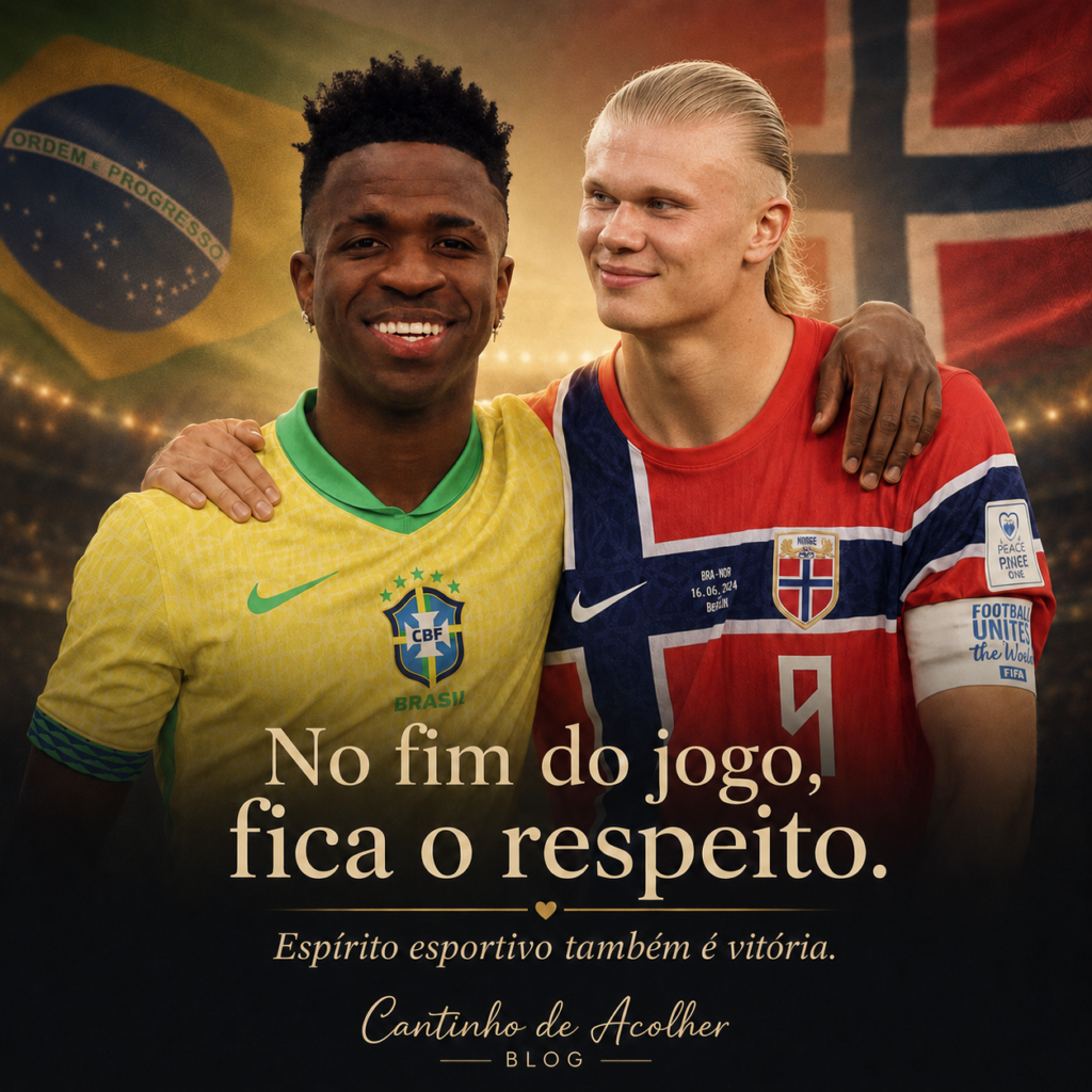 Haaland e Vini Jr em clima de respeito após Brasil x Noruega, com bandeiras dos dois países e mensagem sobre espírito esportivo no futebol.