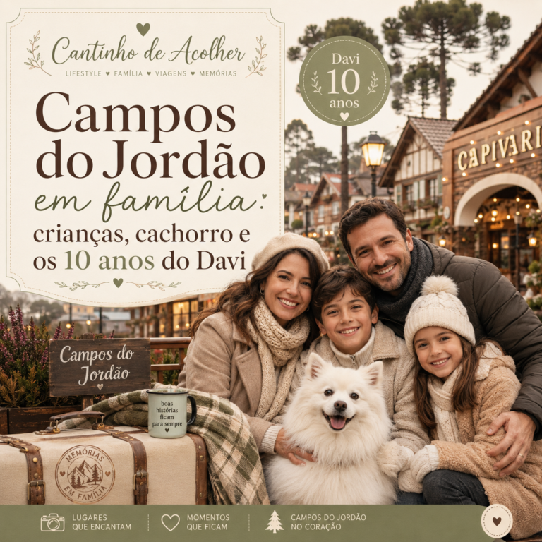 Campos do Jordão em família com crianças e cachorro branco, em arte ilustrativa sobre uma viagem para comemorar os 10 anos do Davi.