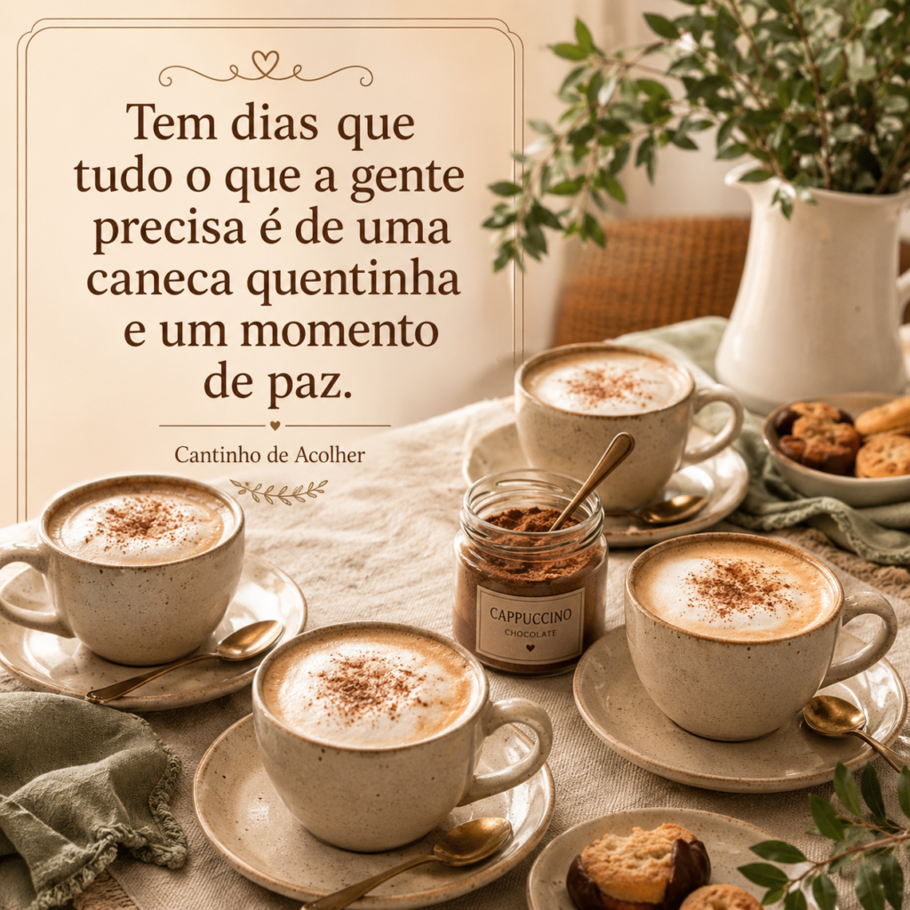Mesa posta com xícaras de cappuccino caseiro cremoso e a frase: “Tem dias que tudo o que a gente precisa é de uma caneca quentinha e um momento de paz.”