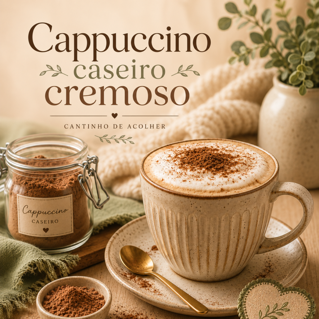 Caneca de cappuccino caseiro cremoso com espuma e canela, ao lado de um pote com a mistura em pó.