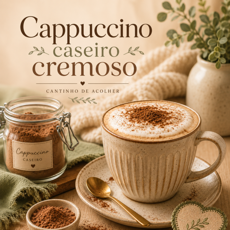 Caneca de cappuccino caseiro cremoso com espuma e canela, ao lado de um pote com a mistura em pó.