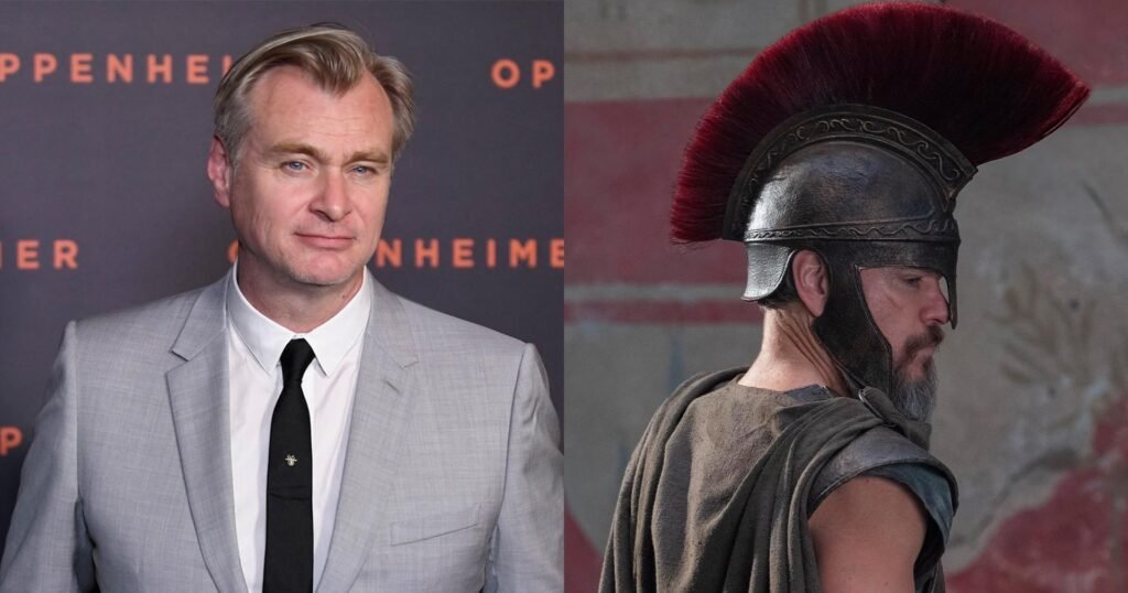 Montagem com Christopher Nolan e Odisseu caracterizado como guerreiro nos bastidores do filme A Odisseia