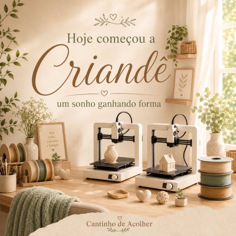 Duas impressoras 3D em um espaço criativo com a frase “Hoje começou a Criandê: um sonho ganhando forma”.