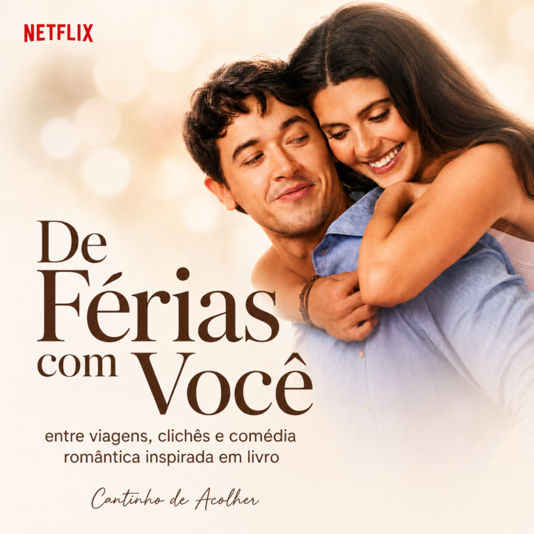 Poppy e Alex abraçados na arte de De Férias com Você, filme da Netflix baseado no livro de Emily Henry