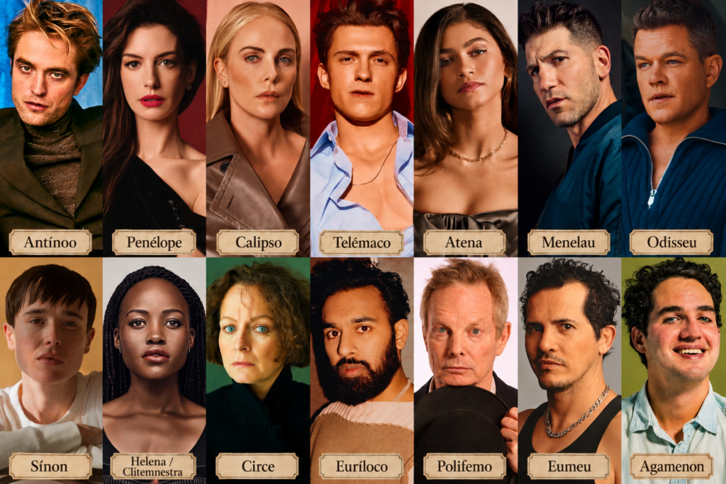 Montagem com o elenco e os principais personagens do filme A Odisseia, de Christopher Nolan