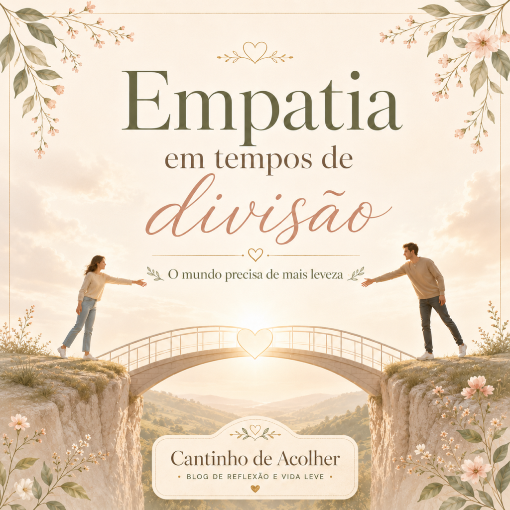 Arte do artigo Empatia em tempos de divisão, com duas pessoas separadas por uma ponte iluminada com coração, simbolizando empatia, respeito e leveza em um mundo dividido.