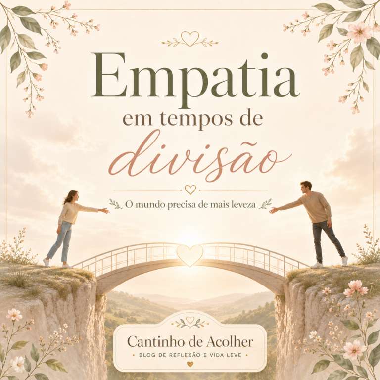 Arte do artigo Empatia em tempos de divisão, com duas pessoas separadas por uma ponte iluminada com coração, simbolizando empatia, respeito e leveza em um mundo dividido.
