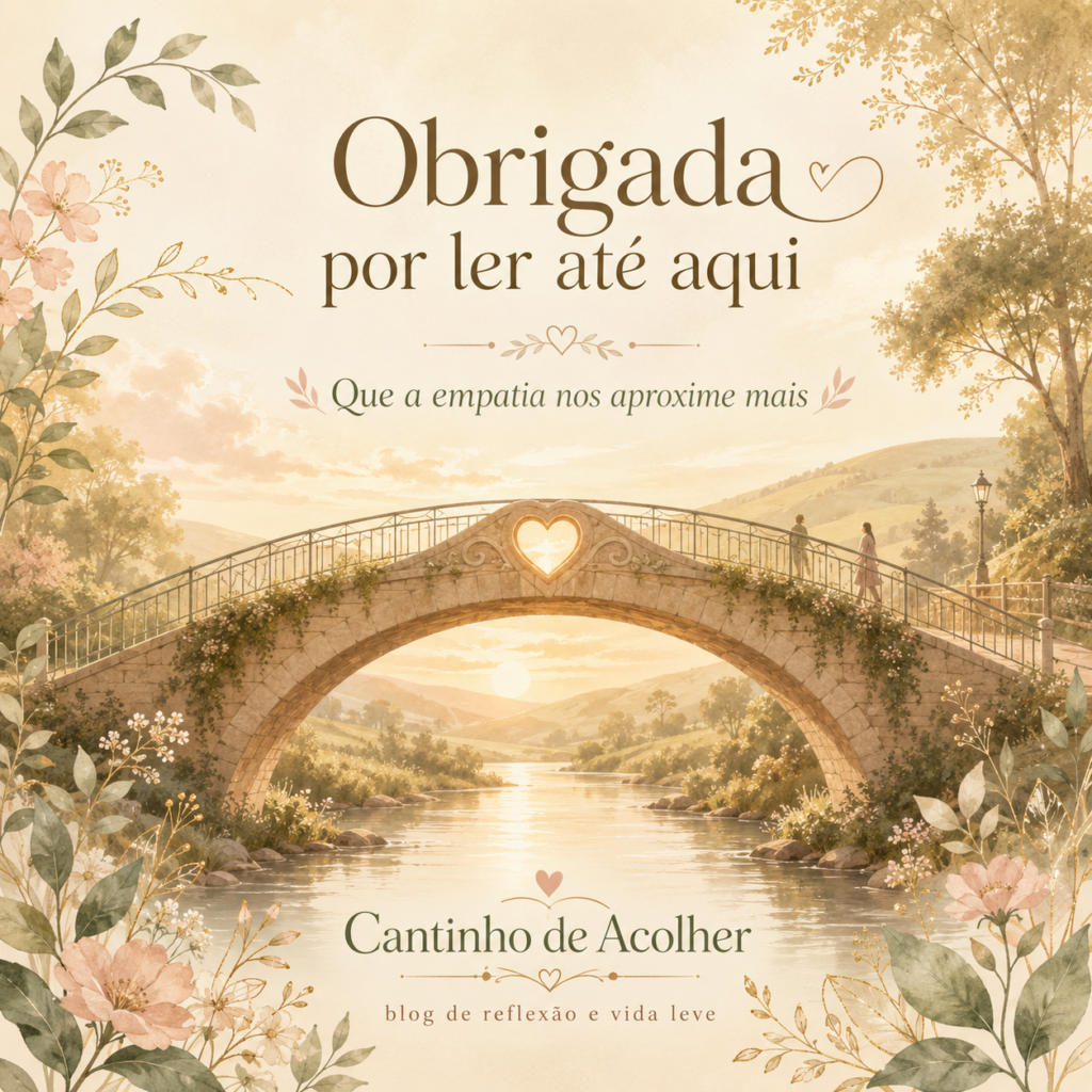 Arte do artigo sobre empatia em tempos de divisão, com ponte, coração e a frase Obrigada por ler até aqui, simbolizando leveza, respeito e aproximação entre as pessoas.