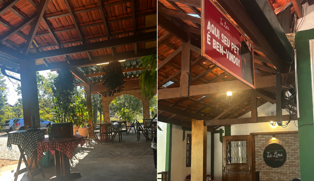 Área pet friendly da Cantina Tia Lina em São Roque, com mesas ao ar livre e placa informando que animais são bem-vindos.