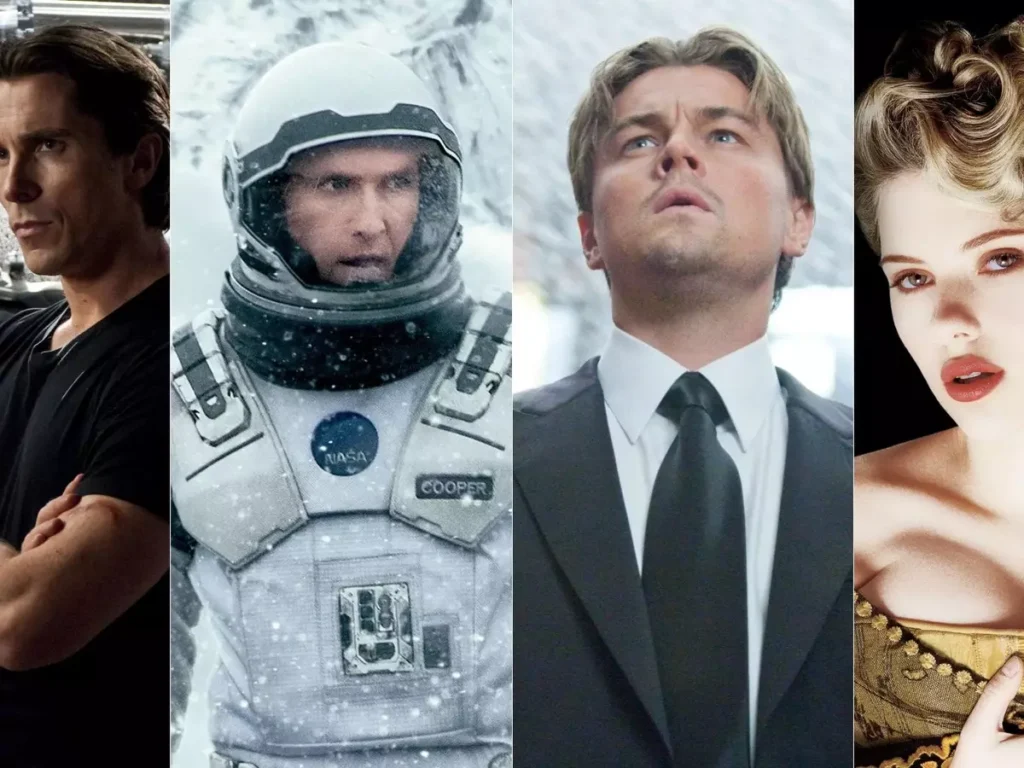 Montagem com cenas de filmes de Christopher Nolan, incluindo Interestelar, Oppenheimer e outros títulos marcantes do diretor.