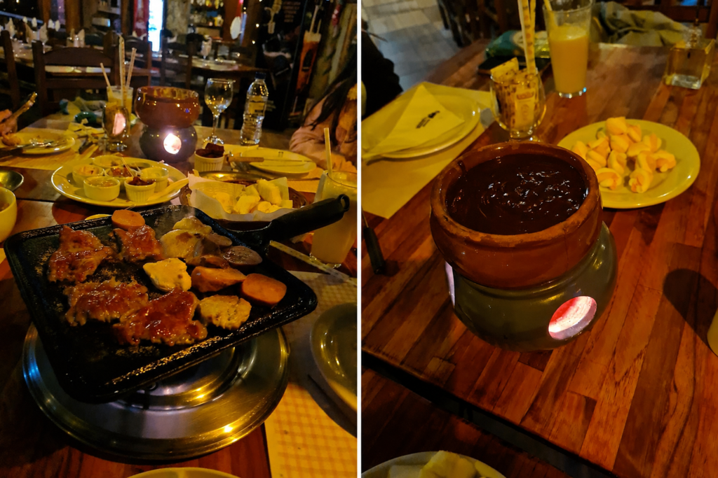 Fondue em Campos do Jordão, com carne na pedra e fondue de chocolate durante jantar em família.