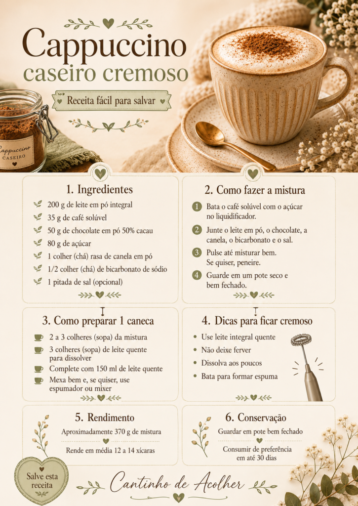 Infográfico com a receita resumida de cappuccino caseiro cremoso, incluindo ingredientes, preparo, rendimento e conservação.