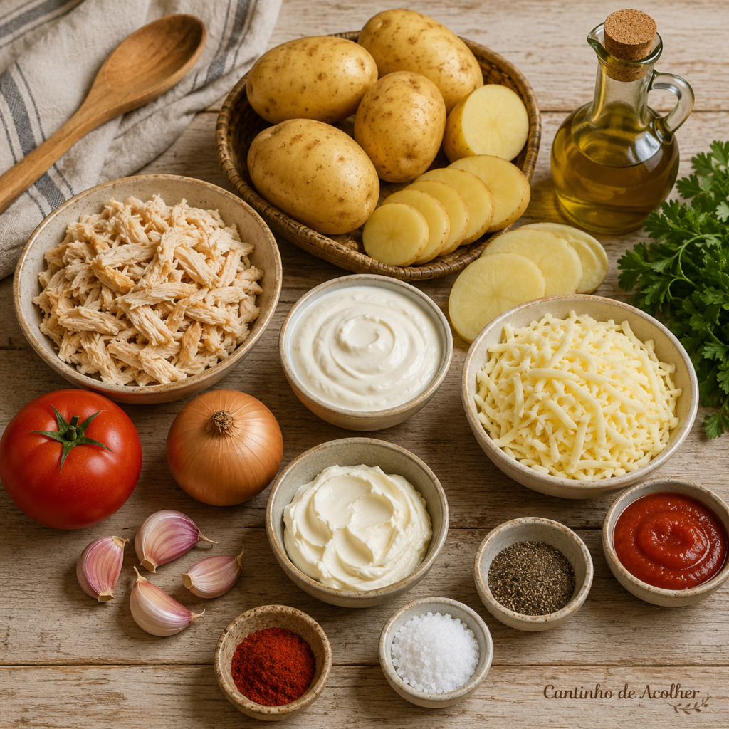 Ingredientes para batata gratinada com frango cremoso, com batatas, frango desfiado, queijo, creme de leite e temperos