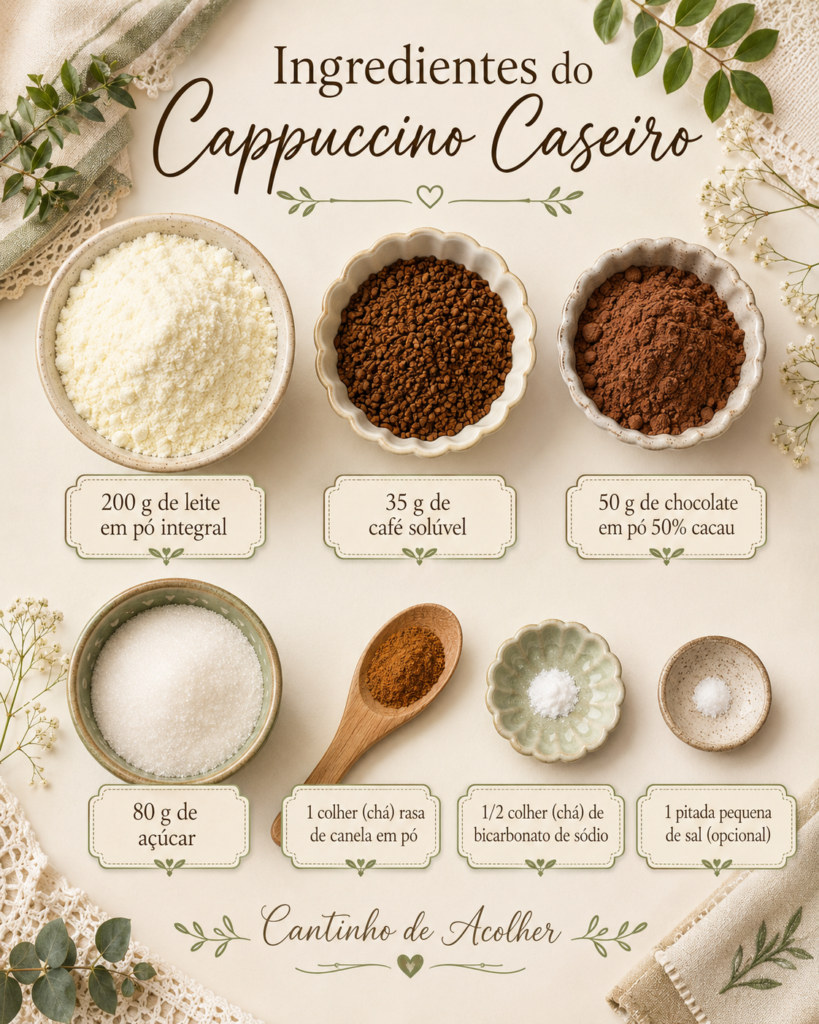 Ingredientes do cappuccino caseiro cremoso: leite em pó, café solúvel, chocolate em pó, açúcar, canela, bicarbonato e sal.