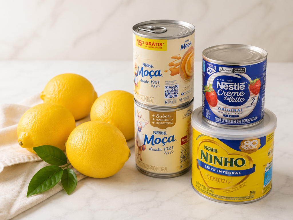 Ingredientes do mousse de limão siciliano com Leite Ninho: leite condensado Moça, creme de leite Nestlé, leite em pó Ninho e limões sicilianos.