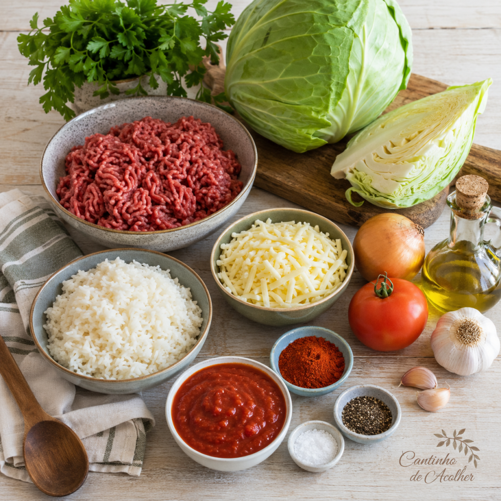 Ingredientes para repolho de forno com carne moída, com repolho, carne moída, arroz, molho de tomate, queijo e temperos
