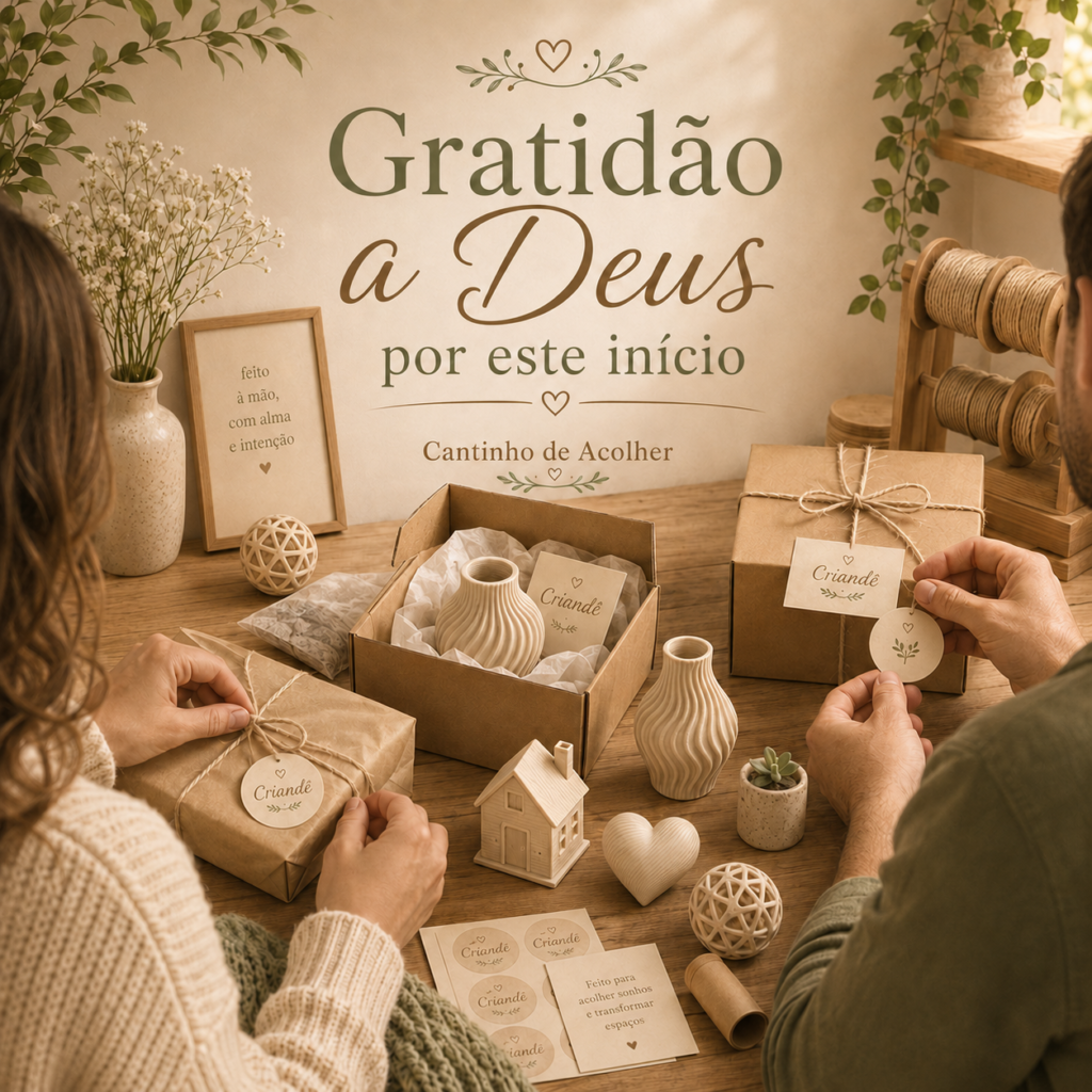 Casal embalando produtos impressos em 3D da Criandê, com a mensagem “Gratidão a Deus por este início”.