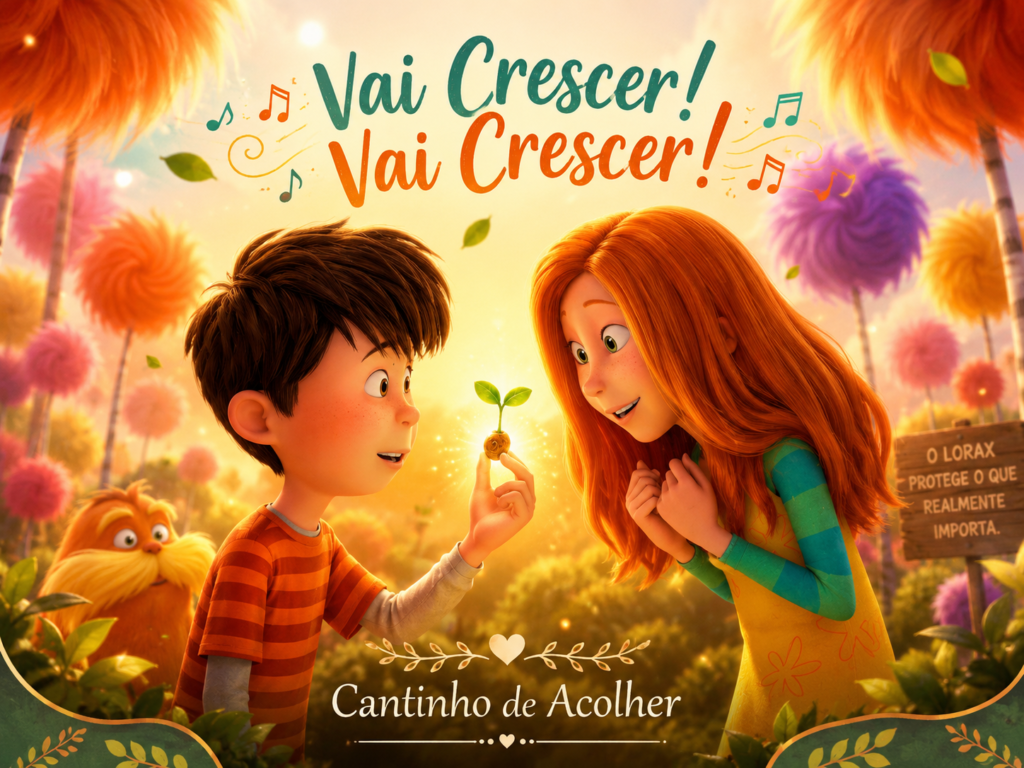 Arte inspirada no filme Lorax com Ted, Audrey e a semente, destacando a frase Vai Crescer e a mensagem sobre natureza e esperança.
